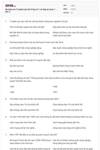 Đề kiểm tra 15 phút Lịch Sử 9 Học kì 1 có đáp án (Lần 1 - Đề 1)