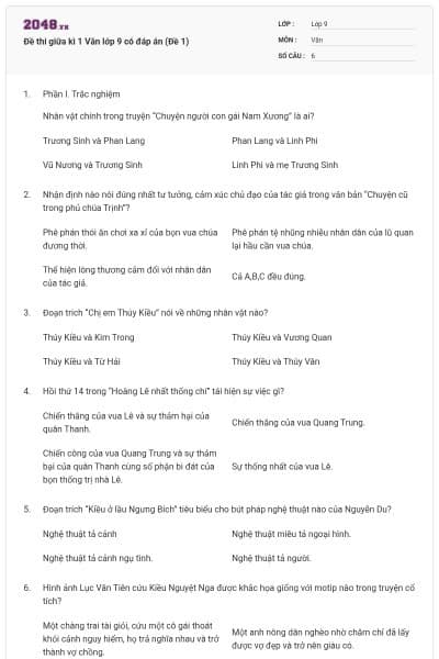 Đề thi giữa kì 1 Văn lớp 9 có đáp án (Đề 1)