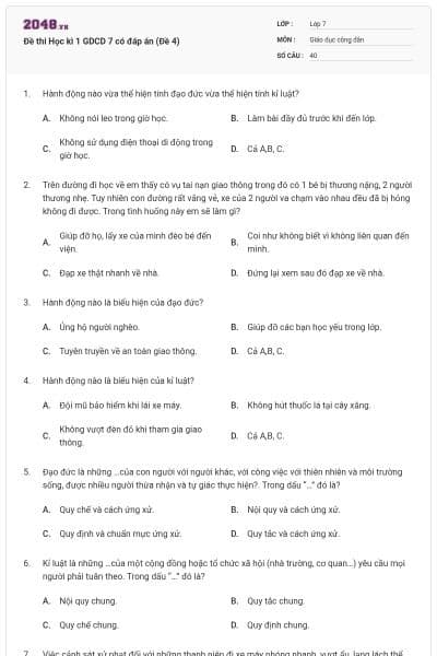 Đề thi Học kì 1 GDCD 7 có đáp án (Đề 4)