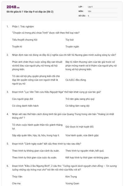 Đề thi giữa kì 1 Văn lớp 9 có đáp án (Đề 2)