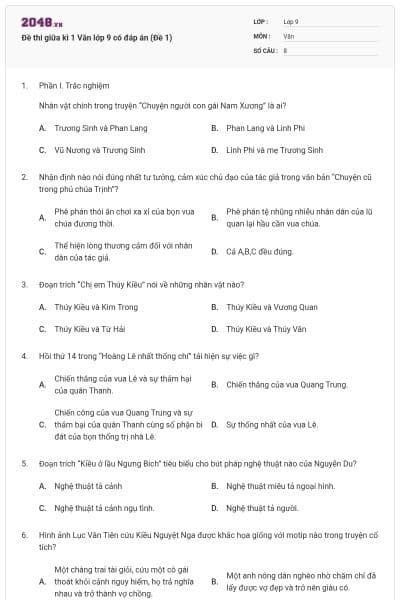 Đề thi giữa kì 1 Văn lớp 9 có đáp án (Đề 1)