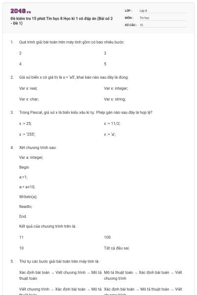 Đề kiểm tra 15 phút Tin học 8 Học kì 1 có đáp án (Bài số 2 - Đề 1)