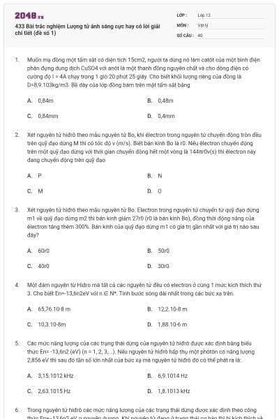 433 Bài trắc nghiệm Lượng tử ánh sáng cực hay có lời giải chi tiết (đề số 1)