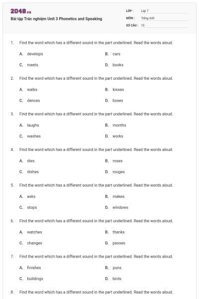 Bài tập Trắc nghiệm Unit 3 Phonetics and Speaking