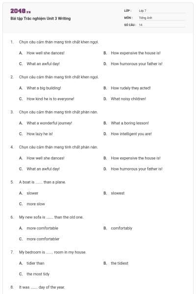 Bài tập Trắc nghiệm Unit 3 Writing