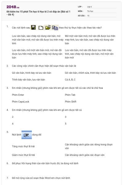 Đề kiểm tra 15 phút Tin học 6 Học kì 2 có đáp án (Bài số 1 - Đề 4)