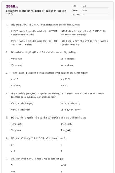 Đề kiểm tra 15 phút Tin học 8 Học kì 1 có đáp án (Bài số 2 - Đề 3)
