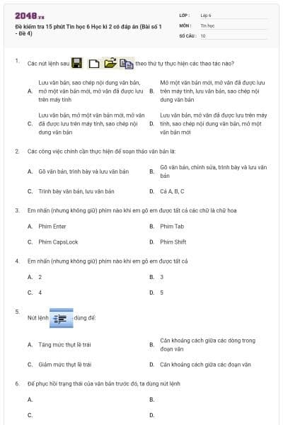 Đề kiểm tra 15 phút Tin học 6 Học kì 2 có đáp án (Bài số 1 - Đề 4)