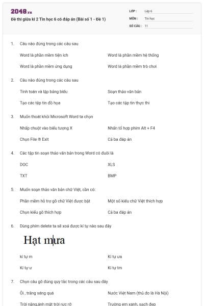 Đề thi giữa kì 2 Tin học 6 có đáp án (Bài số 1 - Đề 1)