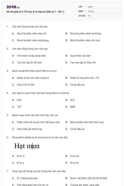 Đề thi giữa kì 2 Tin học 6 có đáp án (Bài số 1 - Đề 1)