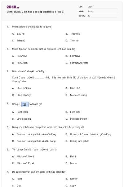 Đề thi giữa kì 2 Tin học 6 có đáp án (Bài số 1 - Đề 3)