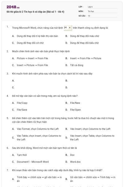 Đề thi giữa kì 2 Tin học 6 có đáp án (Bài số 1 - Đề 4)