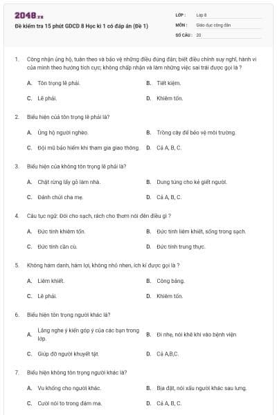 Đề kiểm tra 15 phút GDCD 8 Học kì 1 có đáp án (Đề 1)