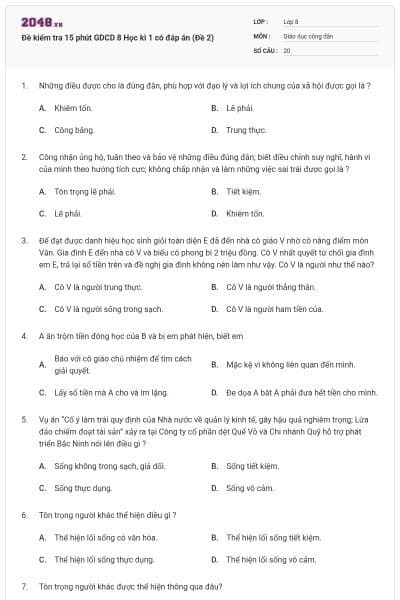 Đề kiểm tra 15 phút GDCD 8 Học kì 1 có đáp án (Đề 2)