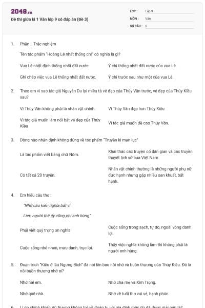 Đề thi giữa kì 1 Văn lớp 9 có đáp án (Đề 3)