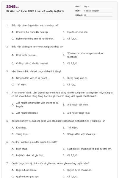 Đề kiểm tra 15 phút GDCD 7 Học kì 2 có đáp án (Đề 1)