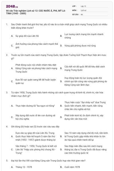 66 câu Trắc nghiệm Lịch sử 12: CÁC NƯỚC Á, PHI, MỸ LA-TINH (1945 - 2000)