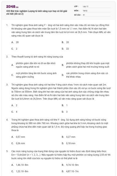 433 Bài trắc nghiệm Lượng tử ánh sáng cực hay có lời giải chi tiết (đề số 2)