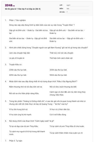 Đề thi giữa kì 1 Văn lớp 9 có đáp án (Đề 4)