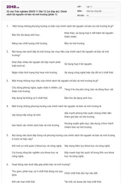 32 câu Trắc nghiệm GDCD 11 Bài 12 (có đáp án): Chính sách tài nguyên và bảo vệ môi trường (phần 1)