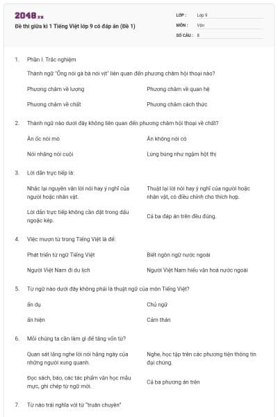 Đề thi giữa kì 1 Tiếng Việt lớp 9 có đáp án (Đề 1)