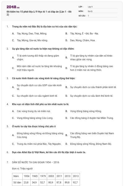 Đề kiểm tra 15 phút Địa Lí 9 Học kì 1 có đáp án (Lần 1 - Đề 2)