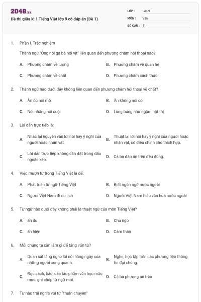Đề thi giữa kì 1 Tiếng Việt lớp 9 có đáp án (Đề 1)