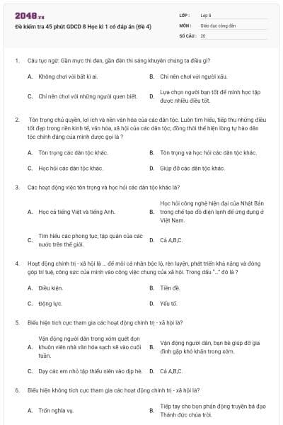 Đề kiểm tra 45 phút GDCD 8 Học kì 1 có đáp án (Đề 4)