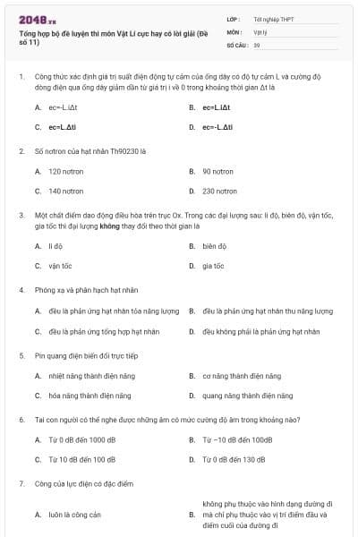 Tổng hợp bộ đề luyện thi môn Vật Lí cực hay có lời giải (Đề số 11)