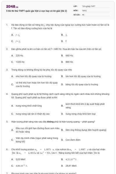 5 Đề thi thử THPT quốc gia Vật Lí cực hay có lời giải (Đề 2)