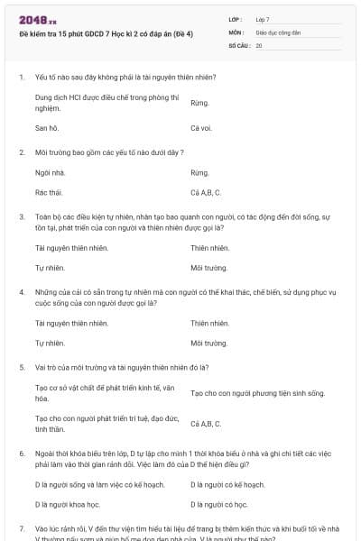 Đề kiểm tra 15 phút GDCD 7 Học kì 2 có đáp án (Đề 4)