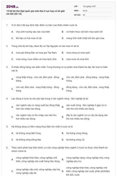 19 Đề thi thử thpt quốc gia môn Địa lí cực hay có lời giải chi tiết (đề 10)