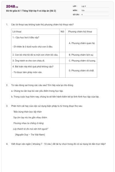 Đề thi giữa kì 1 Tiếng Việt lớp 9 có đáp án (Đề 2)