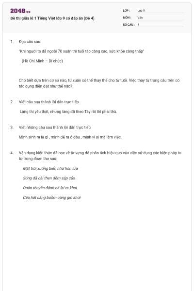 Đề thi giữa kì 1 Tiếng Việt lớp 9 có đáp án (Đề 4)