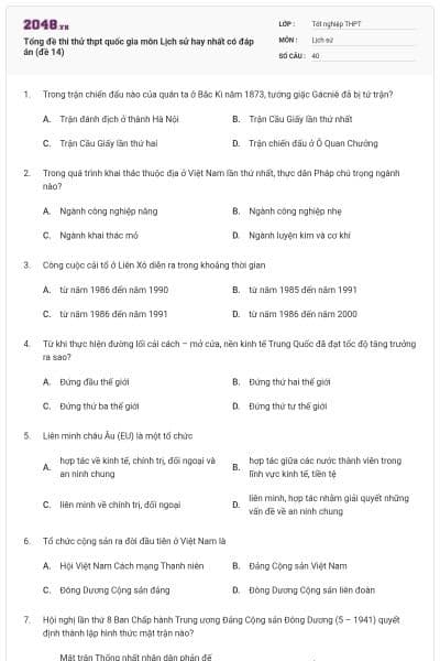 Tổng đề thi thử thpt quốc gia môn Lịch sử hay nhất có đáp án (đề 14)