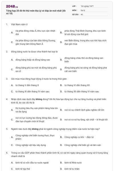 Tổng hợp 20 đề thi thử môn Địa Lý có đáp án mới nhất (đề số 18)