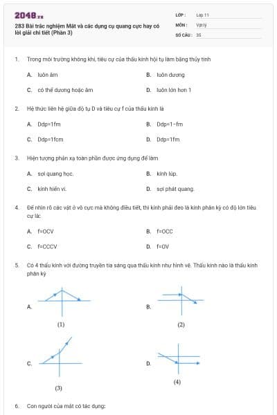 283 Bài trắc nghiệm Mắt và các dụng cụ quang cực hay có lời giải chi tiết (Phần 3)