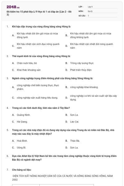 Đề kiểm tra 15 phút Địa Lí 9 Học kì 1 có đáp án (Lần 2 - Đề 3)