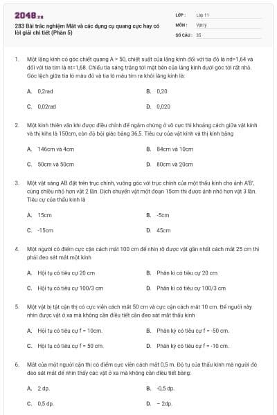 283 Bài trắc nghiệm Mắt và các dụng cụ quang cực hay có lời giải chi tiết (Phần 5)