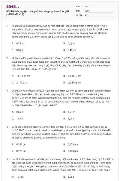 433 Bài trắc nghiệm Lượng tử ánh sáng cực hay có lời giải chi tiết (đề số 4)