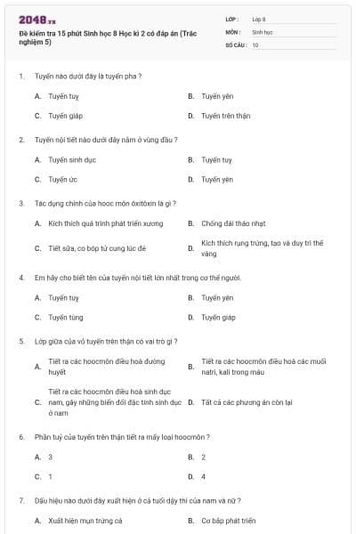 Đề kiểm tra 15 phút Sinh học 8 Học kì 2 có đáp án (Trắc nghiệm 5)