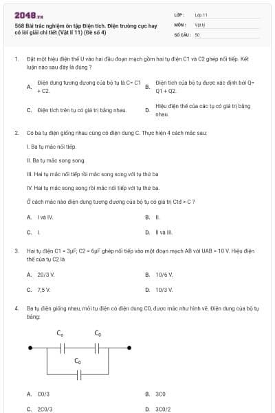 568 Bài trắc nghiệm ôn tập Điện tích. Điện trường cực hay có lời giải chi tiết (Vật lí 11) (Đề số 4)