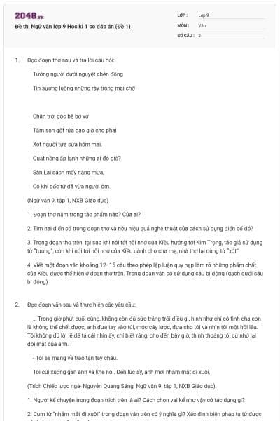 Đề thi Ngữ văn lớp 9 Học kì 1 có đáp án (Đề 1)