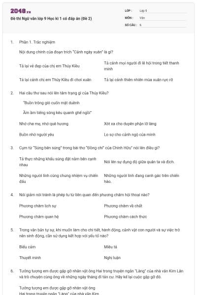 Đề thi Ngữ văn lớp 9 Học kì 1 có đáp án (Đề 2)