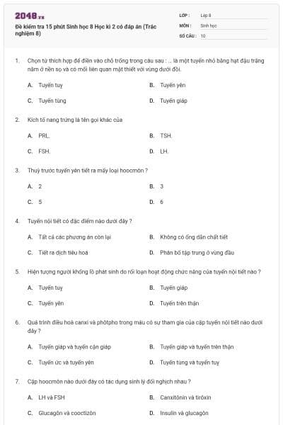 Đề kiểm tra 15 phút Sinh học 8 Học kì 2 có đáp án (Trắc nghiệm 8)