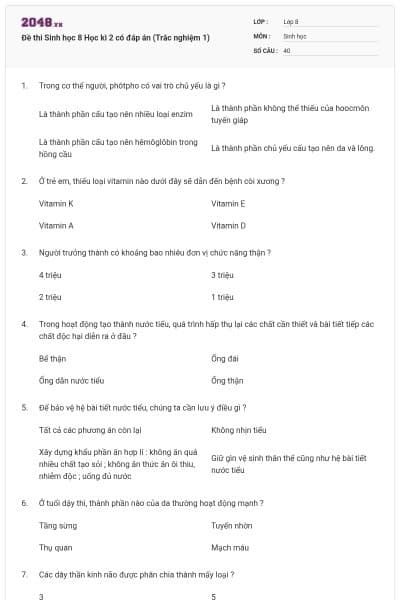 Đề thi Sinh học 8 Học kì 2 có đáp án (Trắc nghiệm 1)