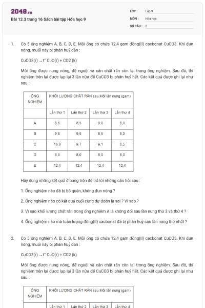 Bài 12.3 trang 16 Sách bài tập Hóa học 9
