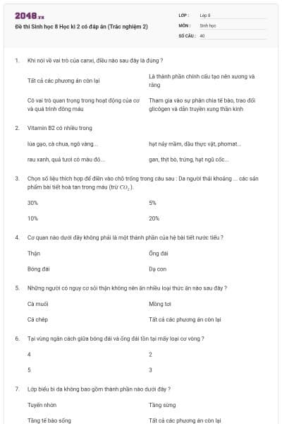 Đề thi Sinh học 8 Học kì 2 có đáp án (Trắc nghiệm 2)