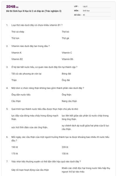 Đề thi Sinh học 8 Học kì 2 có đáp án (Trắc nghiệm 3)