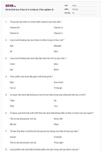 Đề thi Sinh học 8 Học kì 2 có đáp án (Trắc nghiệm 4)